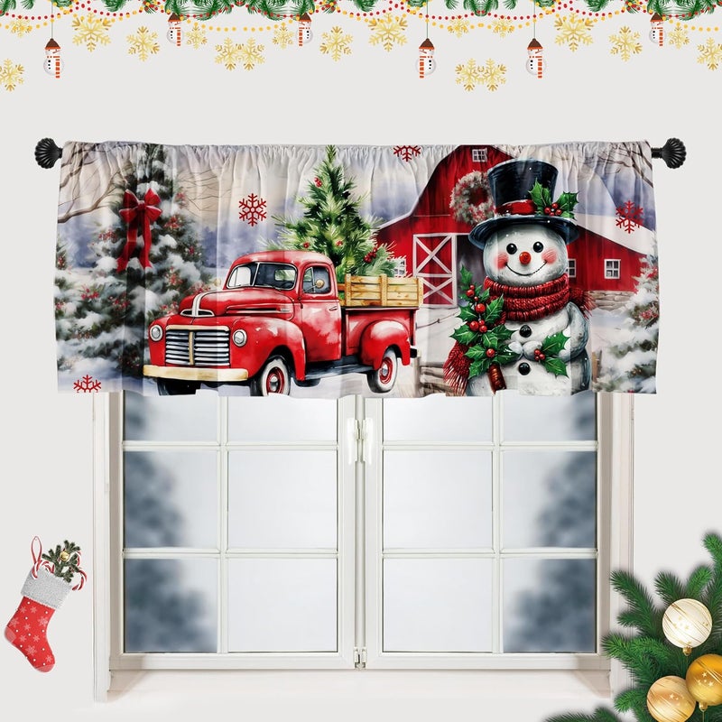 SUNWISHA Christmas Valance Curtains 52x18 Inch - Red Truck & Snowman Design with Snowy Village Scene - Festive Tree/Snowflakes Decor - Rod Pocket Kitchen/Bathroom Winter Valances - Image 1